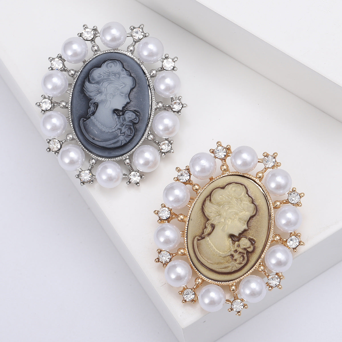Cameo Relief Brooch with Freshwater Pearls and Shells