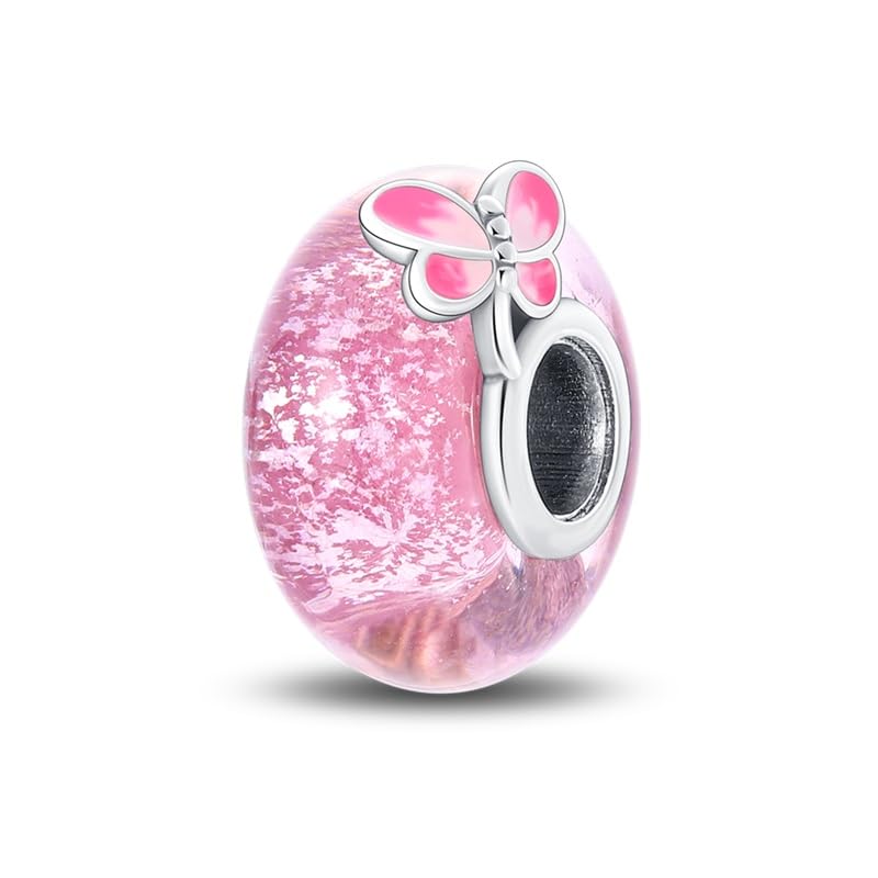 925 Sterling Silver Pink Butterfly Murano Glass Charm