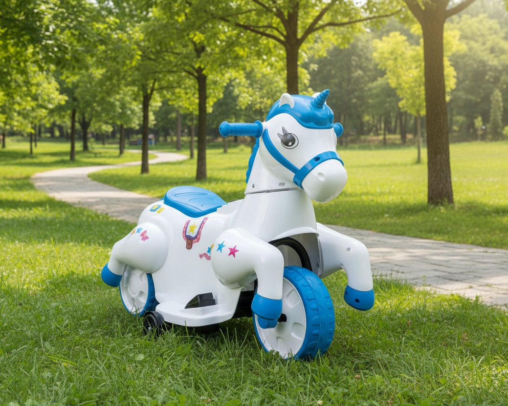 12V Unicorn Ride on Toy with Training Wheels and Horse Riding Mode-Navy