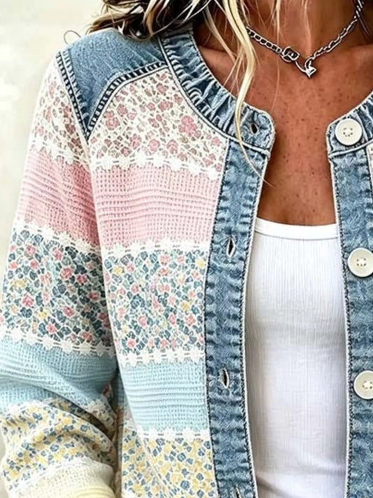 Floral Patchwork Denim Trim Jacket