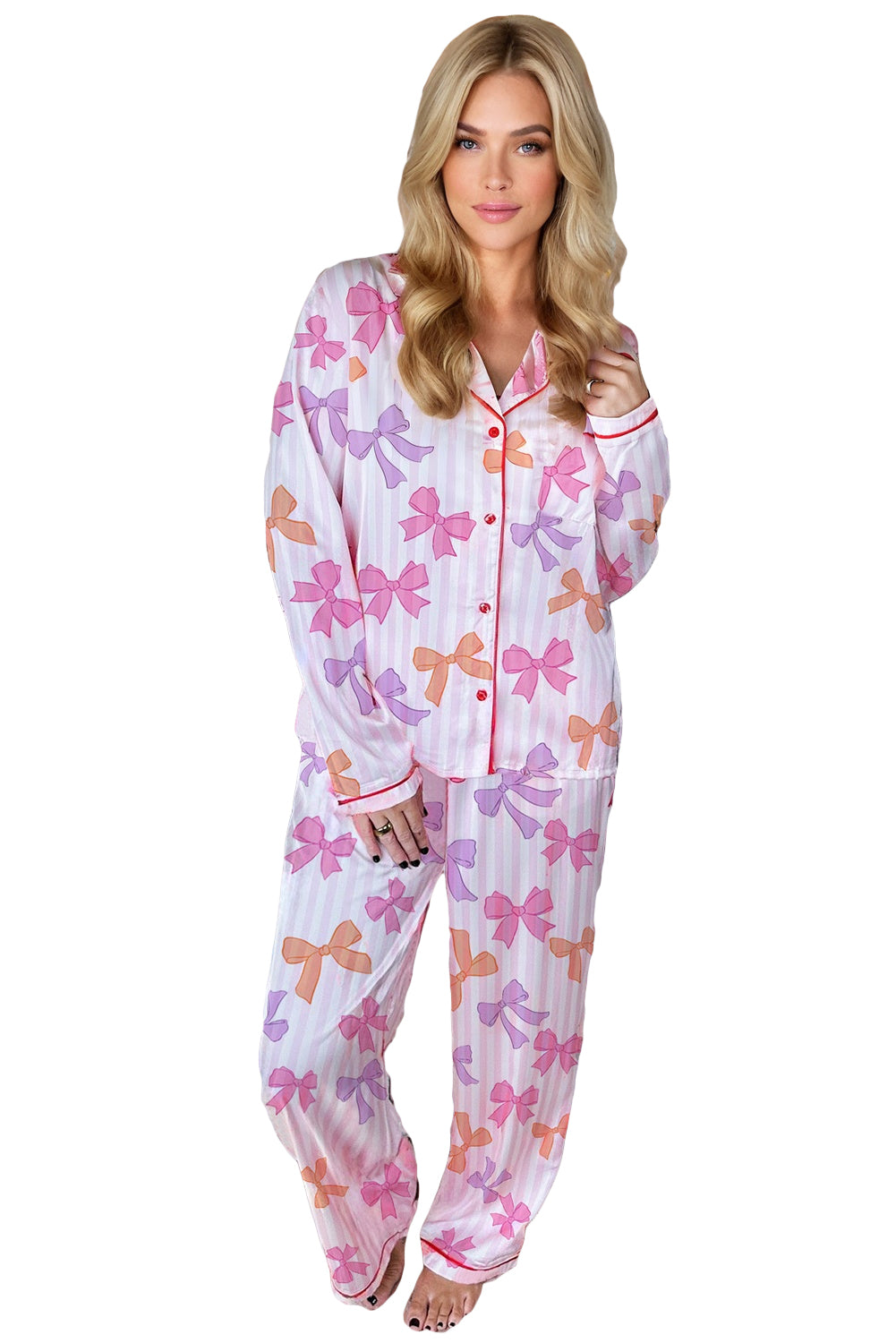Pink Striped Bow Print Piping Trim Shirt and Pants 2pcs Pajama Set