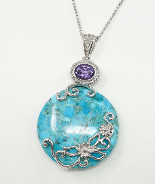 Large Blue Mojave Turquoise Amethyst Sterling Silver Necklace