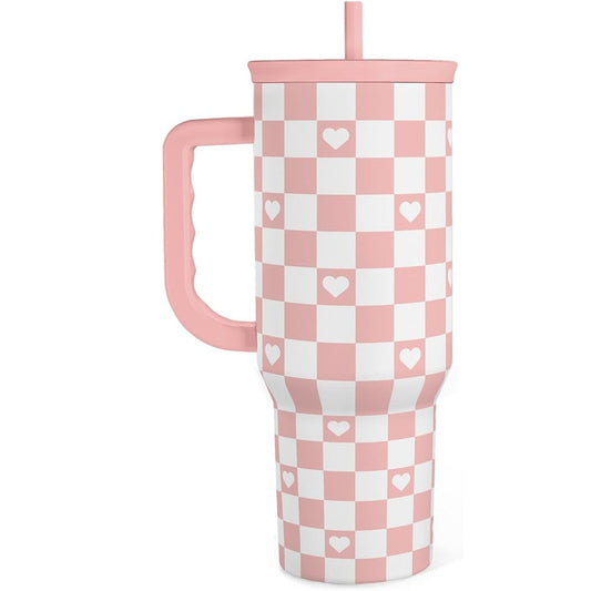 40oz Checkered and Heart Tumbler with Handle and Straw