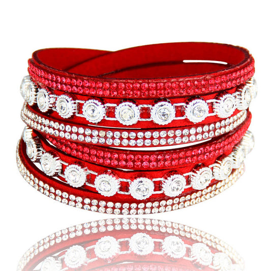 Vintage Rhinestone Layered Leather Bracelet