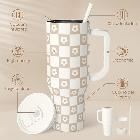 Brown Checker Daisy Slidemate | Slider Tumbler with Handle 40oz