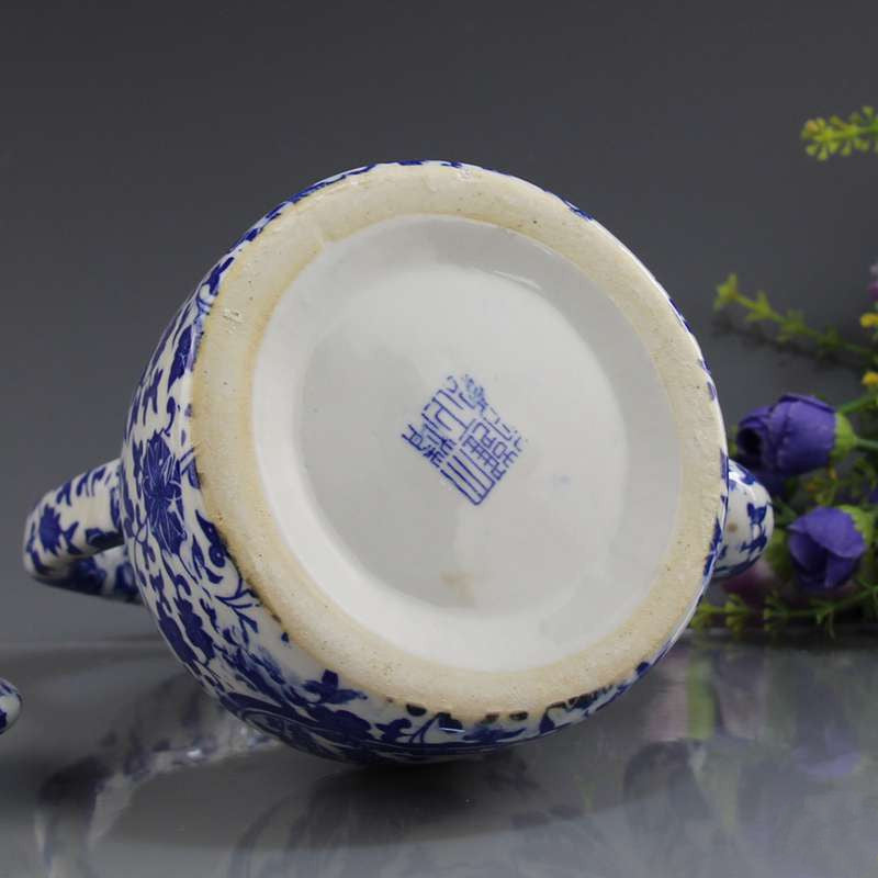 Antique Jingdezhen Ceramic Teapot with Blue Floral Design