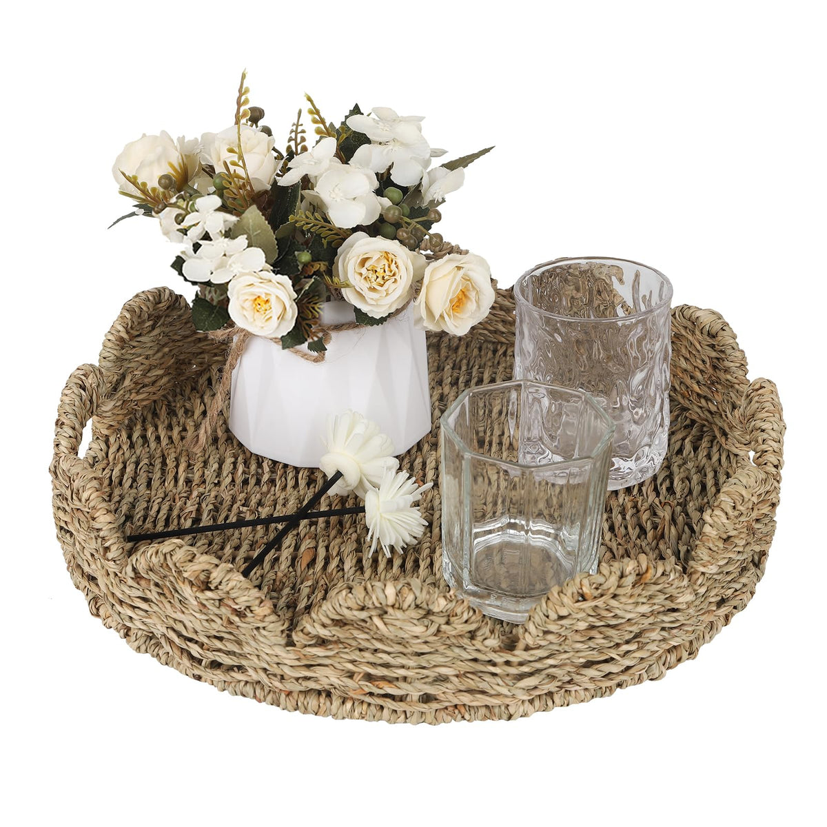 13" Scalloped Round Seagrass Serving Tray with Handles