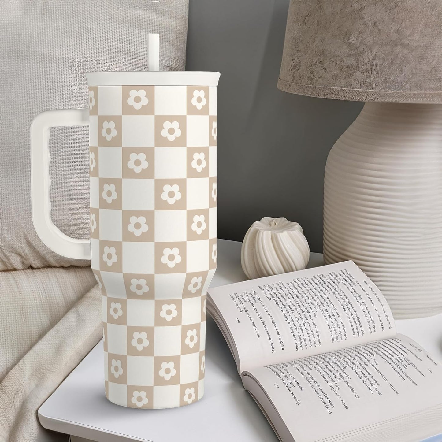 Checker Tumbler with Handle and Straw 40oz – Stainless Sleel Slider Tumbler Travel Coffee Mug for Women - Gift Idea for Birthday Christmas