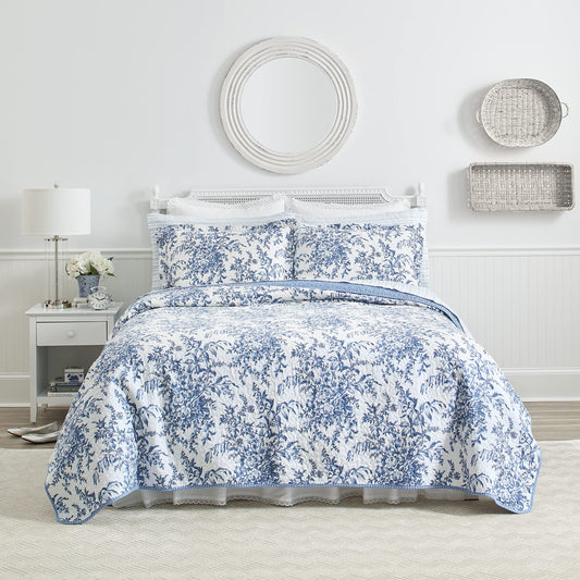 Laura Ashley Twin Quilt Set – Bedford Delft Blue (Reversible Cotton Bedding)
