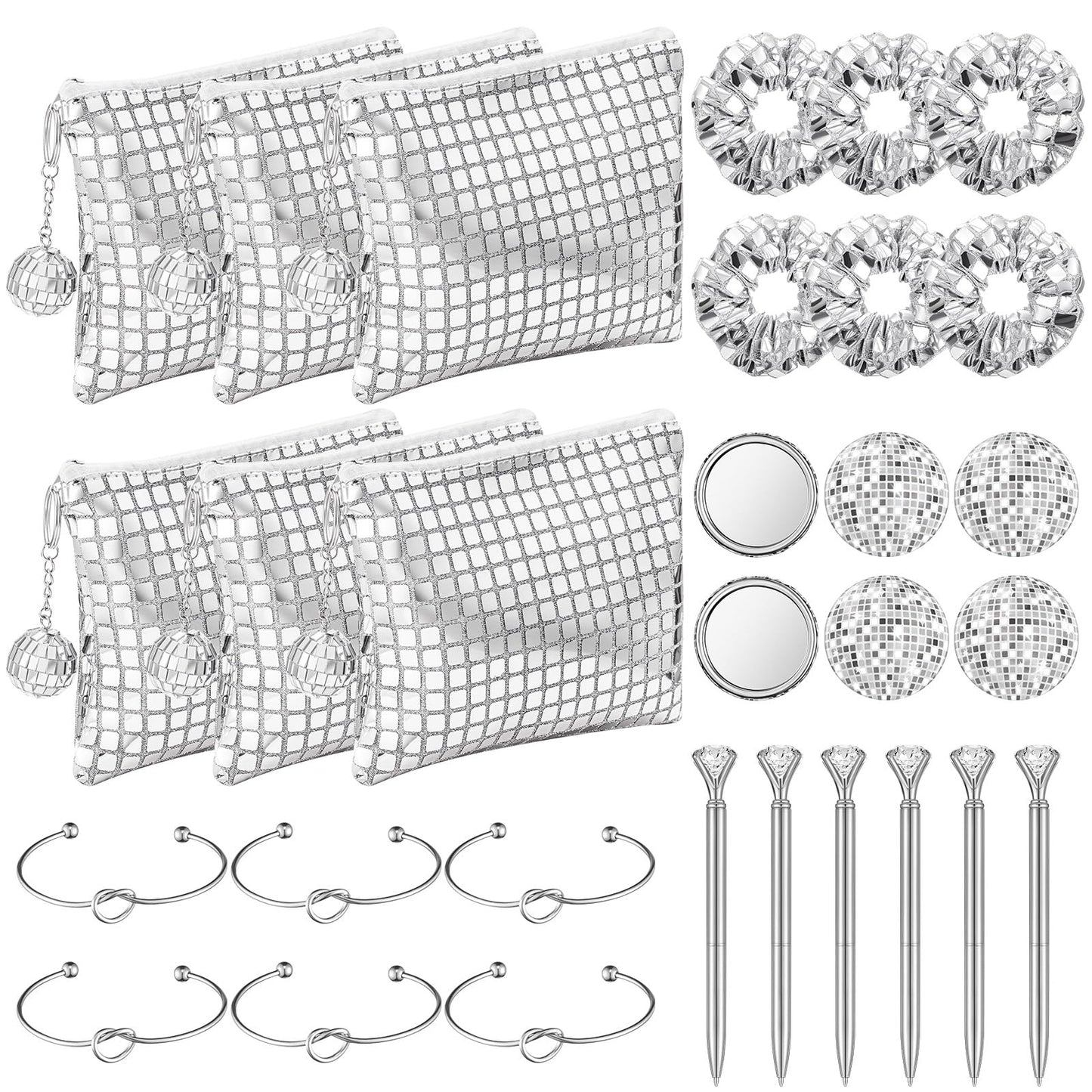 Reginary 30 Pcs Disco Party Favors Disco Ball Makeup Bag Hair Scrunchies Compact Mirror Love Knot Bracelet Diamond Pen for Bachelorette Last Rodeo Bridal Shower Bridesmaid 80s 90s Gifts