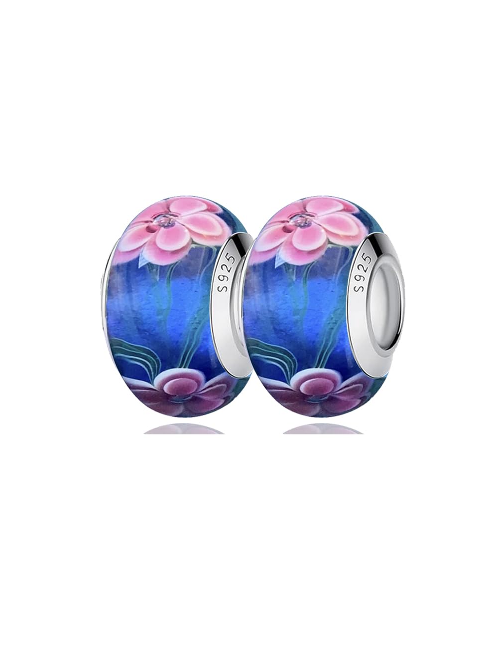2-Pack 925 Sterling Silver Handmade Murano Glass Flower Charms