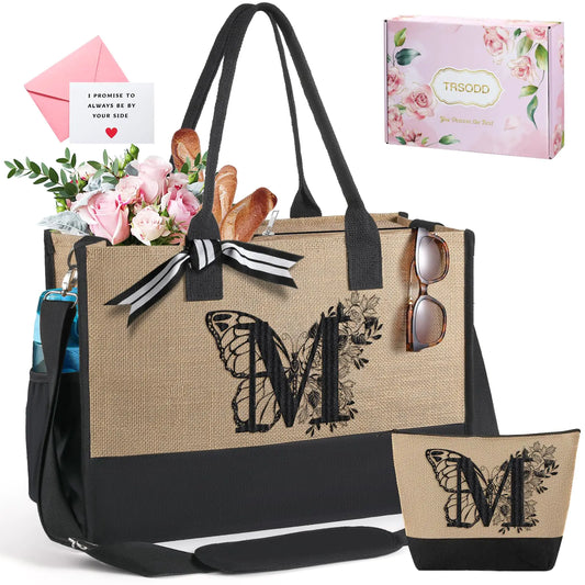 TRSODD Christmas Gifts for Women Gifts for Women Gifts for Mom Mom Gifts Christmas Gifts for Mom Birthday Gifts for Women Embroidery Ju-te Straw Tote Bag with Shoulder Strap and Makeup Bag M