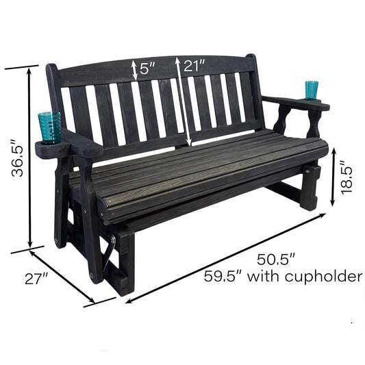 4ft Heavy Duty Black Wooden Porch Glider Bench with Cupholders - Made in USA