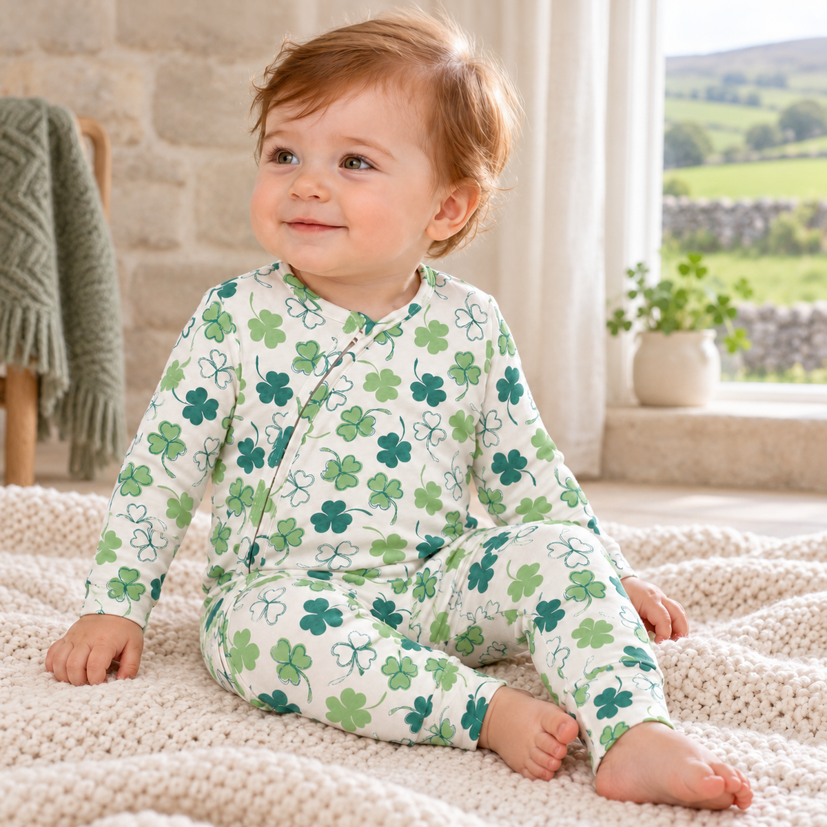 Shamrock Bamboo Zipper Romper with Convertible Cuffs