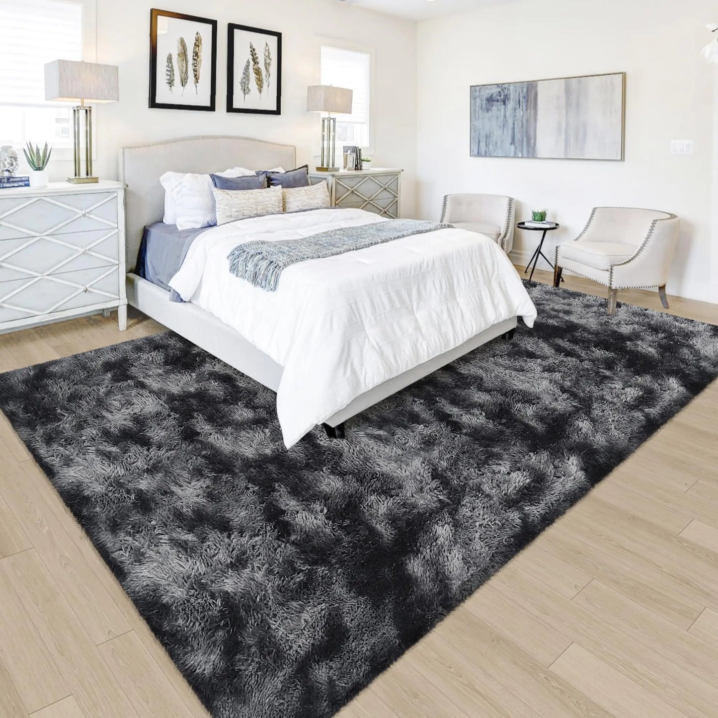 5x8 Fluffy Black Grey Tie-Dyed Rug