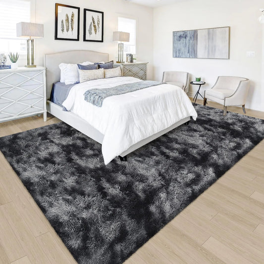 5x8 Fluffy Black/Grey Tie-Dyed Rug
