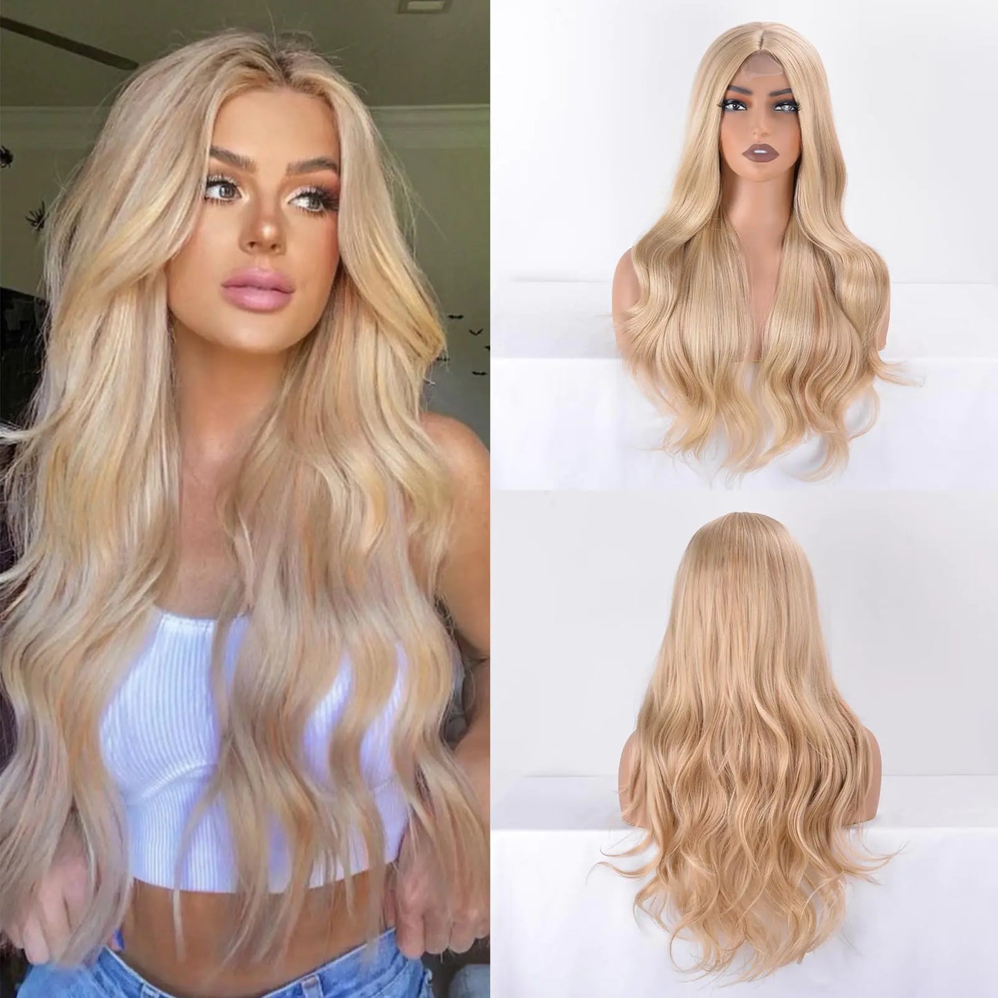Blonde 28 Inch Synthetic Heat Resistant Long Wavy Lace Wig