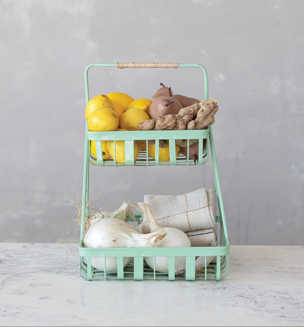 Mint Green 2-Tier Metal Tray with Rattan Wrapped Handle