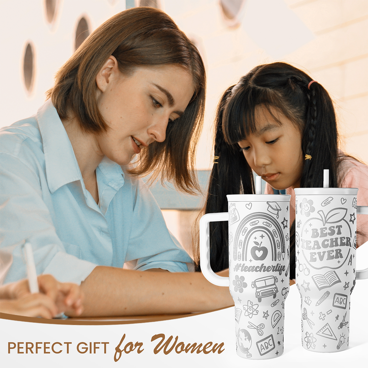 Best Teacher Ever Tumbler 40oz, Stainless Steel Insulated Coffee Travel Cups with Handle, Teacher Appreciation Gifts for Women, Teachers Gift for Valentines Farewell Birthday Christmas Teacher's Day