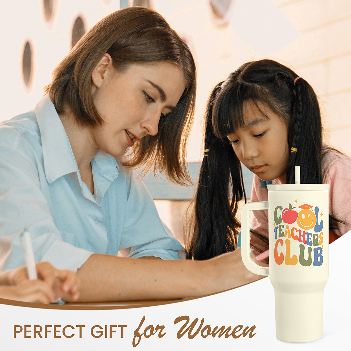 Cool Teacher Club Tumbler 40oz, Stainless Steel Insulated Coffee Travel Cup with Handle, Teacher Appreciation Gifts for Women, Teachers Gift for Valentines Birthday Farewell Christmas Teacher's Day