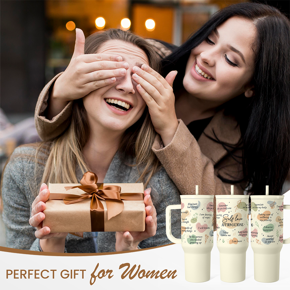 Inspirational Tumbler with Handle 40oz, Daily Positive Inspiration Coffee Cup Stainless Steel Travel Mug, Motivational Gifts for Women Girls Friends Coworker, Gift for Christmas Birthday