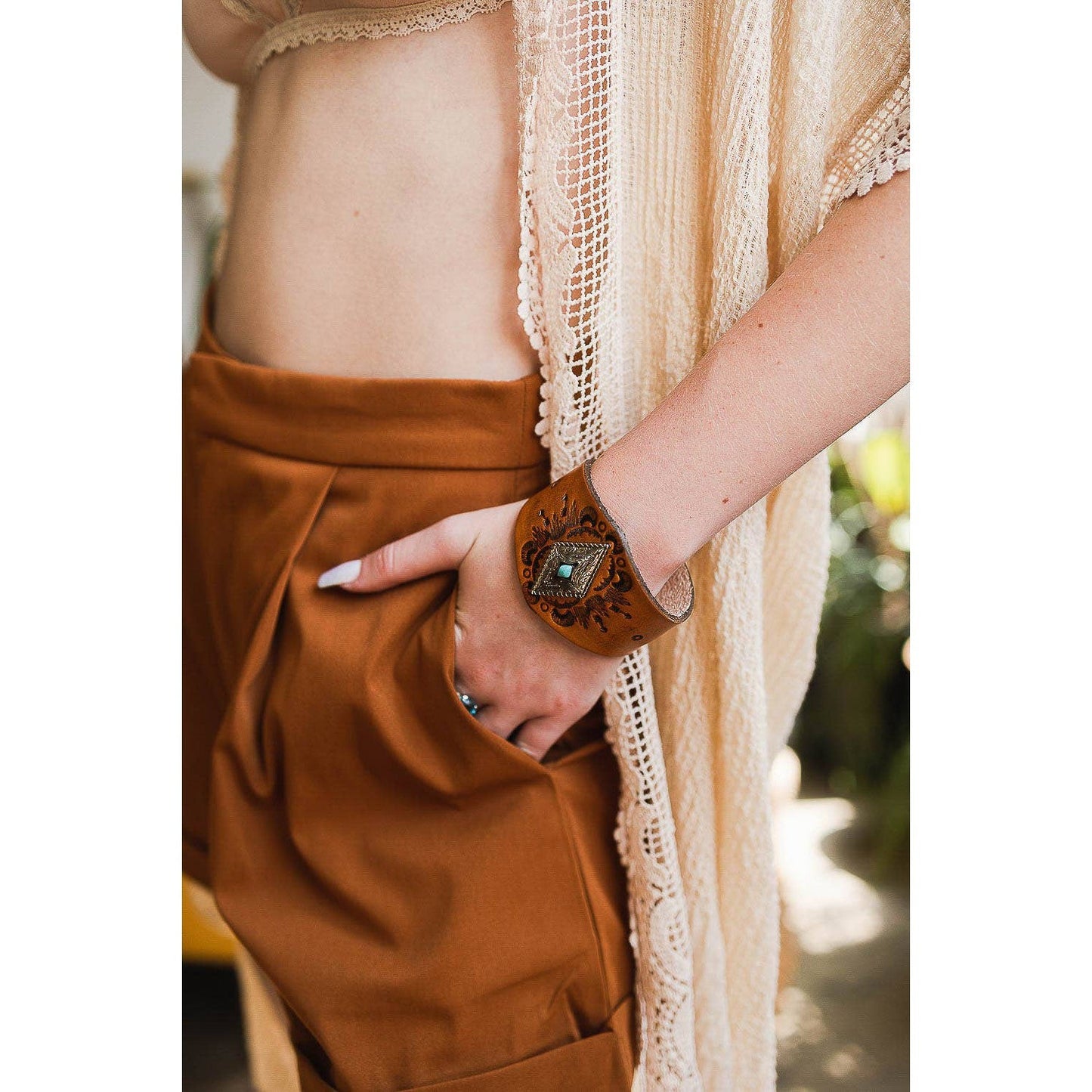 Handcrafted Diamond Piece Leather Cuff Bracelet