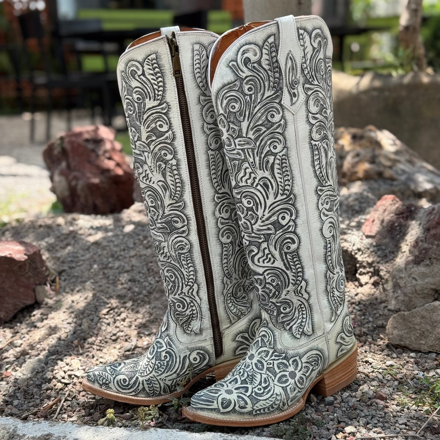 Women’s Hand-Tooled White Tall Cowgirl Boots