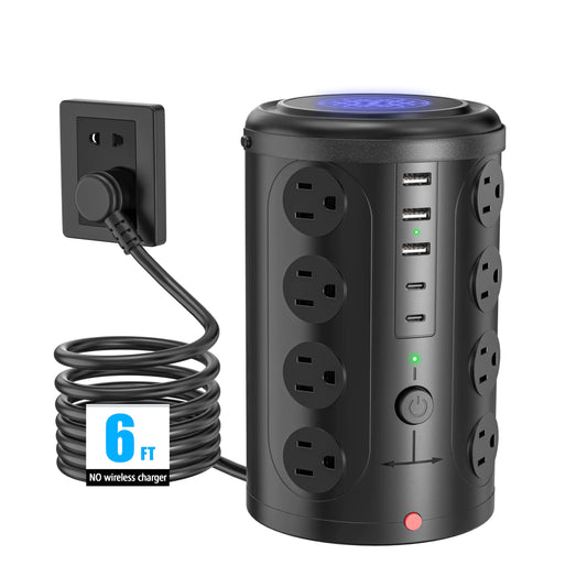 Tower Power Strip Surge Protector with 16 Outlets and 5 USB Ports (2 USB-C) 6FT Extension Cord with Multiple OutletsHeavy Duty Charging StationHome Office Dorm Room Essentials. No Wireless Charging
