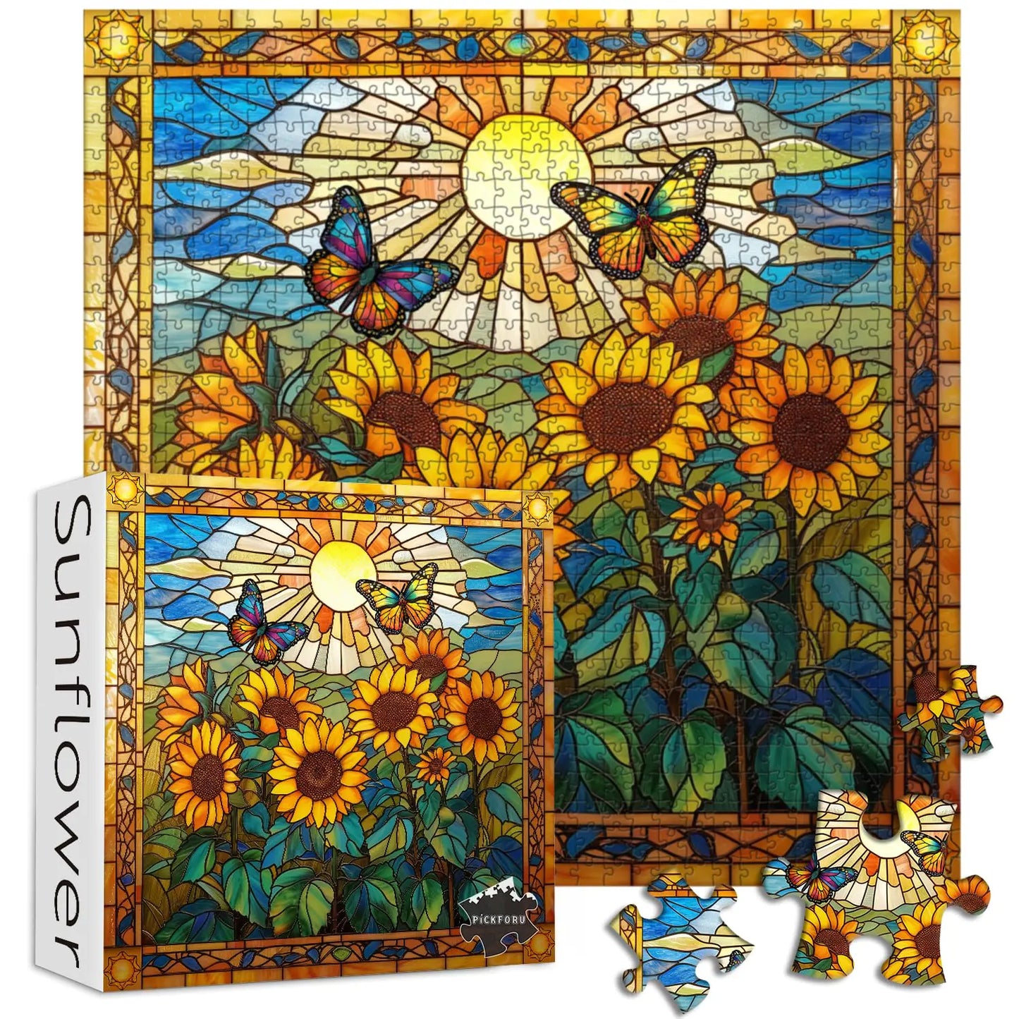Stained Glass Puzzles for Adults 1000 Pieces and up PICKFORU Sunflowers Puzzle as Home Decor Butterfly Flower Puzzles as Home Decor