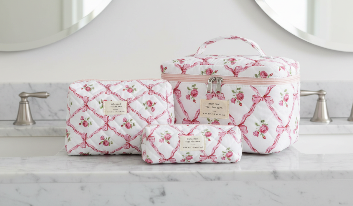 3-Piece Quilted Makeup Bag Set