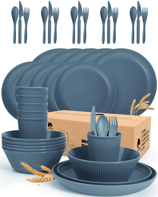 Wheat Straw 42 Pieces Kitchen Plates and Bowls Set in Dark Blue