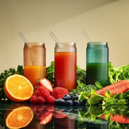 Tonal Ribbed Soda Can Highball Glassware & 6 Glass Straws, Set of 6