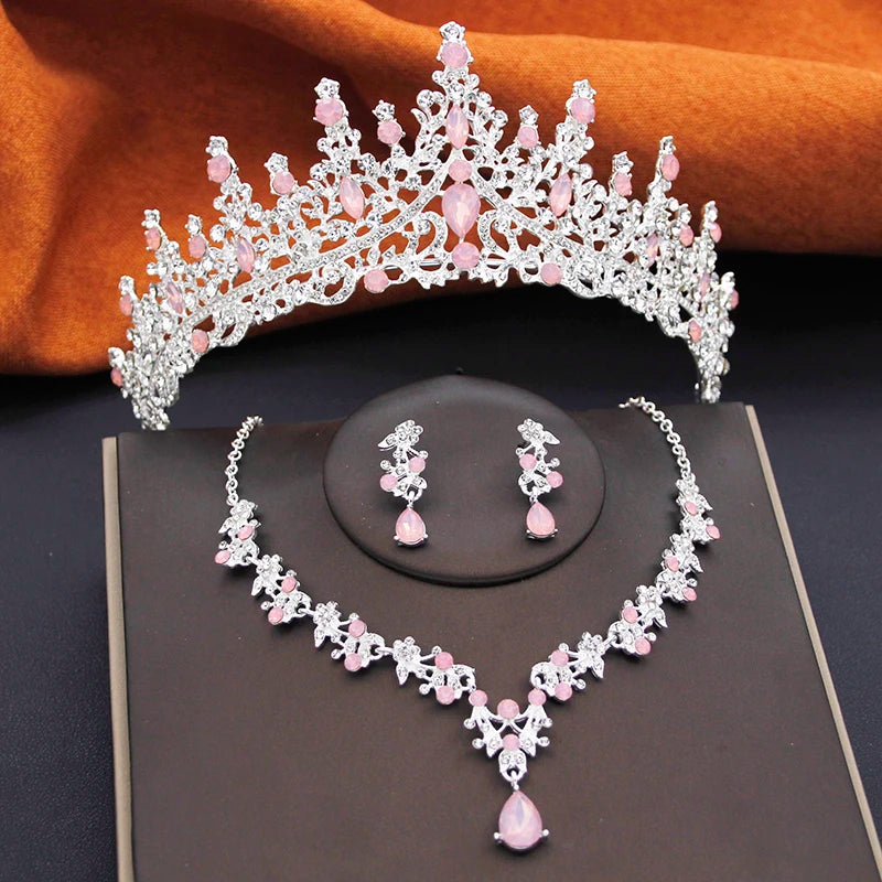 Elegant Bride Tiaras and Necklace Earrings Set Girls 3 pcs Party Birthday Bridal Sets Wedding Crown Jewelry Costume Accessories