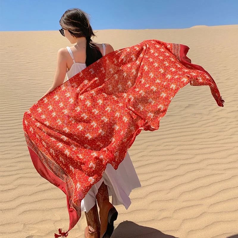 Design Brand Women Scarf Sunscreen Cotton Shawls Dual-Use Summer Autumn Long Scarves Seaside Holiday Beach Towel Beachwear Veils