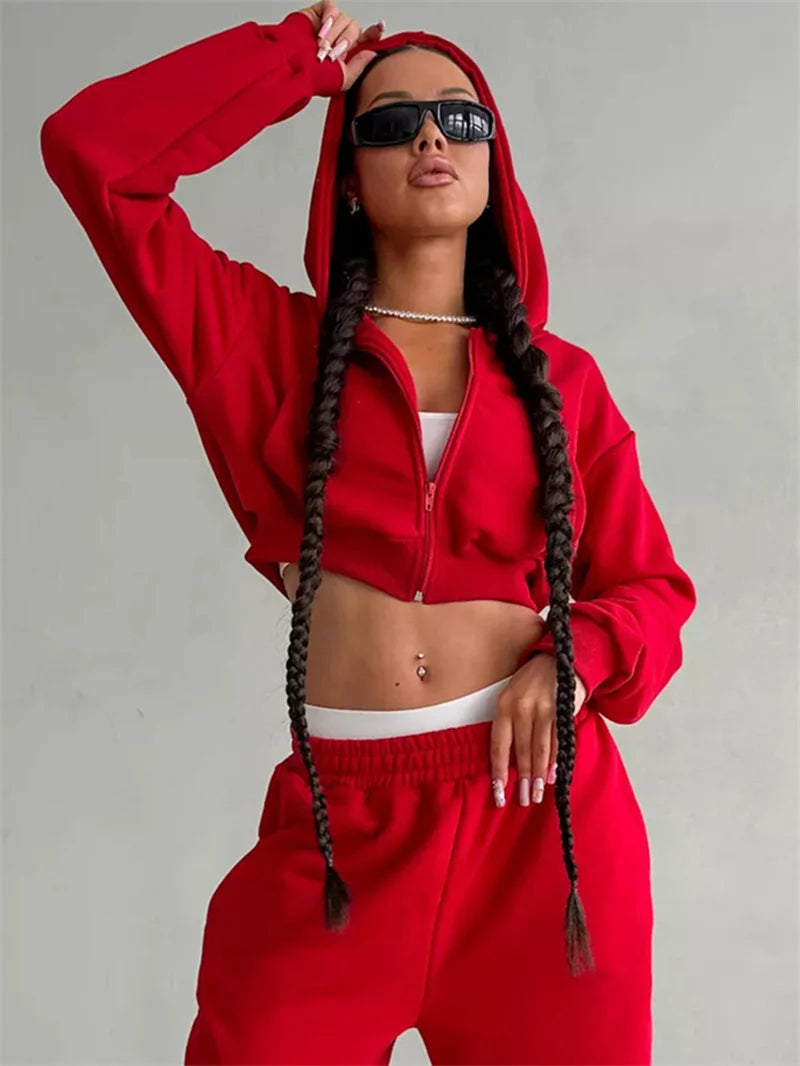 Sweatshirt Two-piece Suit Women's Casual Sports Sets Sexy High-waist Hoodies Short Zip-up Jacket Straight Trousers 2-piece Sets