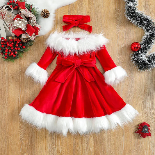 Toddler Baby Girl Christmas Dress Santa Claus Dress Red Velvet Long Sleeve Princess Tulle Dress Headband Outfit