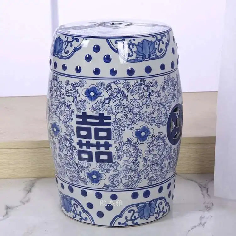 Hand Drawn Blue and White Porcelain Shoe Changing Stool Ceramic Drum Bathroom Neoclassical Imitation Sitting Stool Low Round