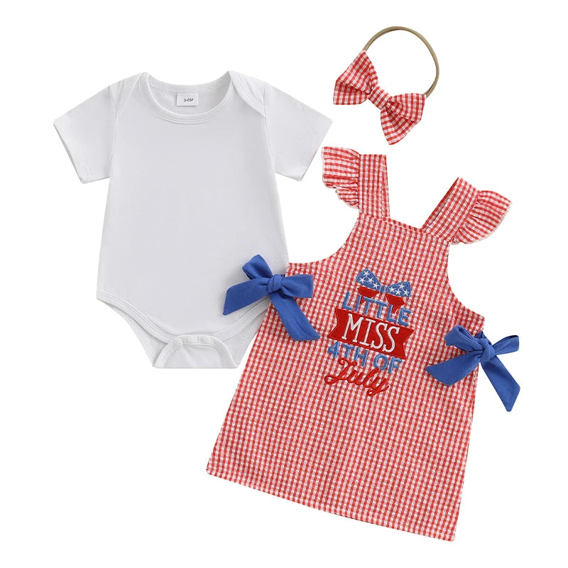 Infant Girls American Flag Romper with Matching Plaid Dress and Headband - Patriotic 3 Piece Outfit Set for Baby Girl