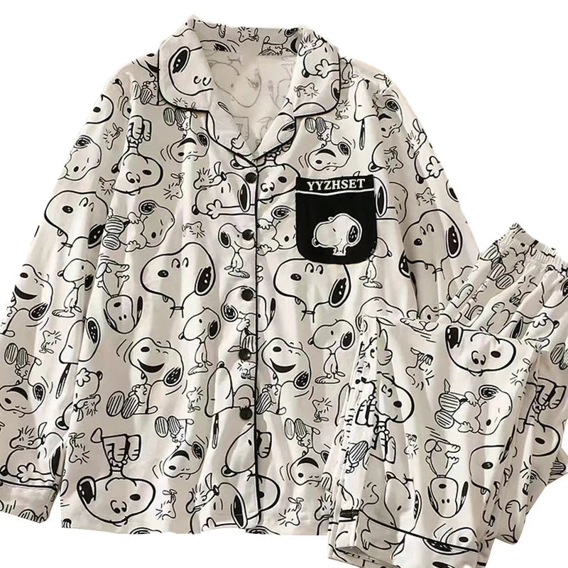 Snoopy Cartoon Spring Autumn Pajamas Long Sleeve Pants Summer Milk Silk Warm Home Clothes sleepwear Men's Women's Nightgown Gift