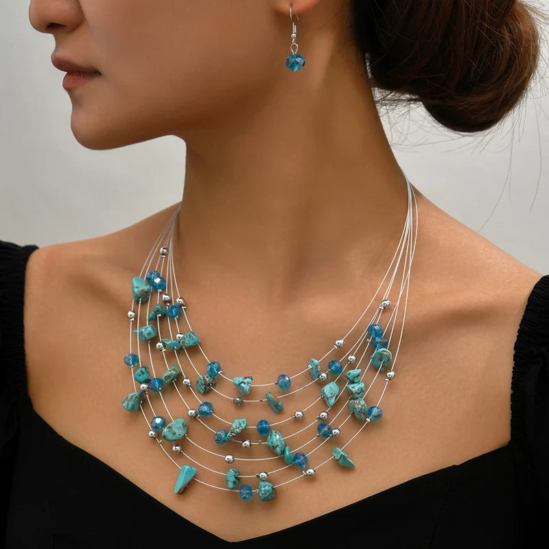 Multilayer Natural Stone Ethnic Necklace Earrings Set