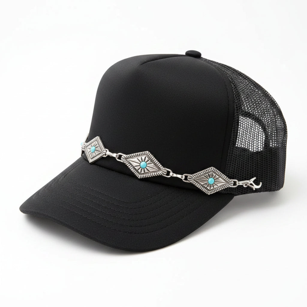 Silver & Turquoise Diamond Concho Trucker Hat Chain