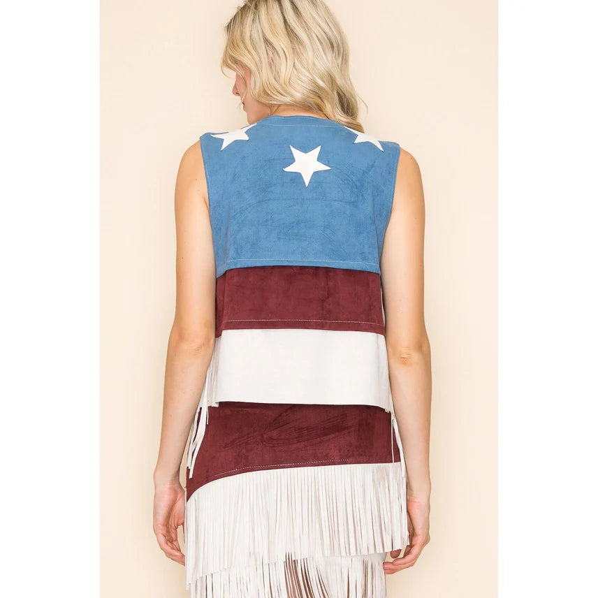 Suede Raw Edge Fringe Multi-Color Vest with Stars