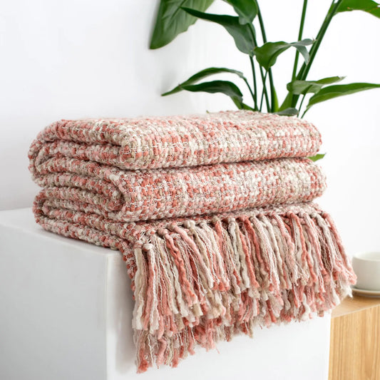 Multi-Color Light Pink Cable Knitted Throw Blanket 50"X60"