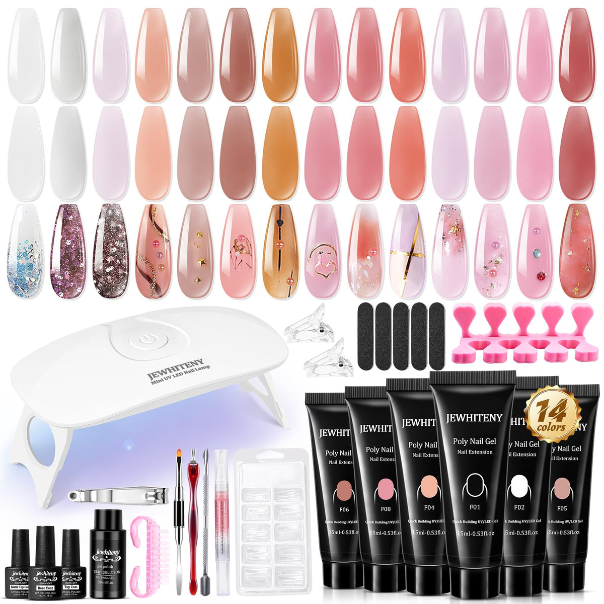 14-Color Poly Nail Gel Kit with Mini LED Lamp