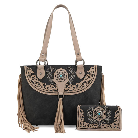 Montana West Embroidered Tote Bag and Wallet Set