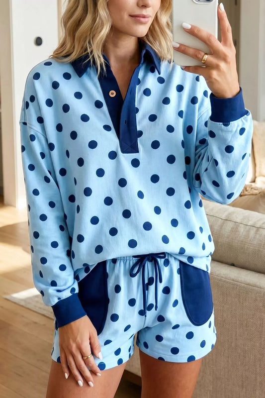 Polka Dot Drop Shoulder Polo Pullover and Shorts Set