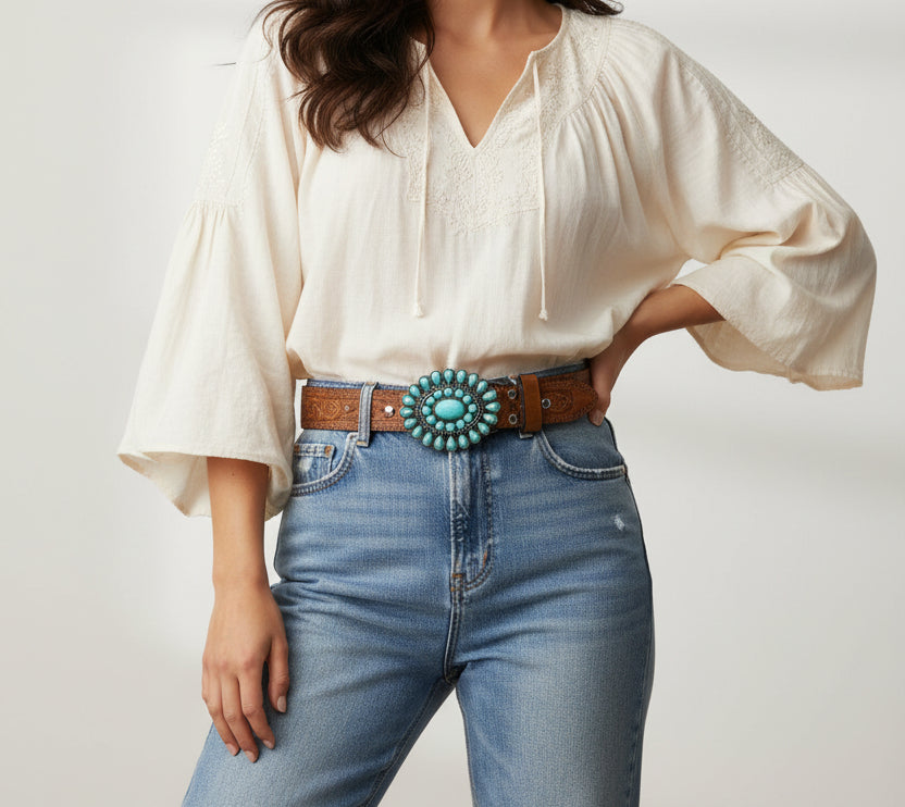 Turquoise Buckle Leather Belt | Size 28"-38"