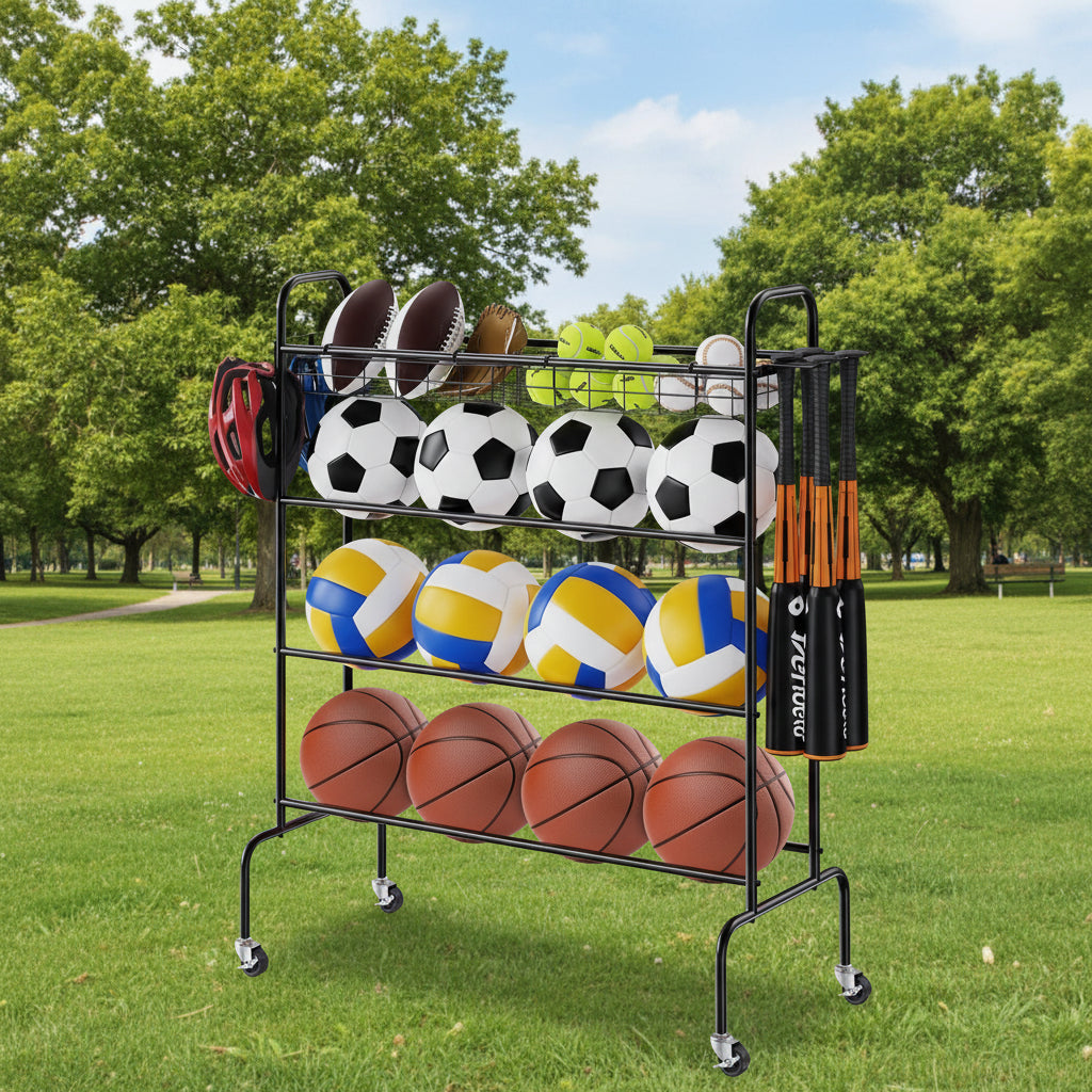 Basketball Rack, 4-Layers Rolling Basketball Shooting Training Stand, Sports Equipment Storage Organizer with Wheels, Hooks and Baskets, Garage Ball Storage Holder for Football Soccer Volleyball