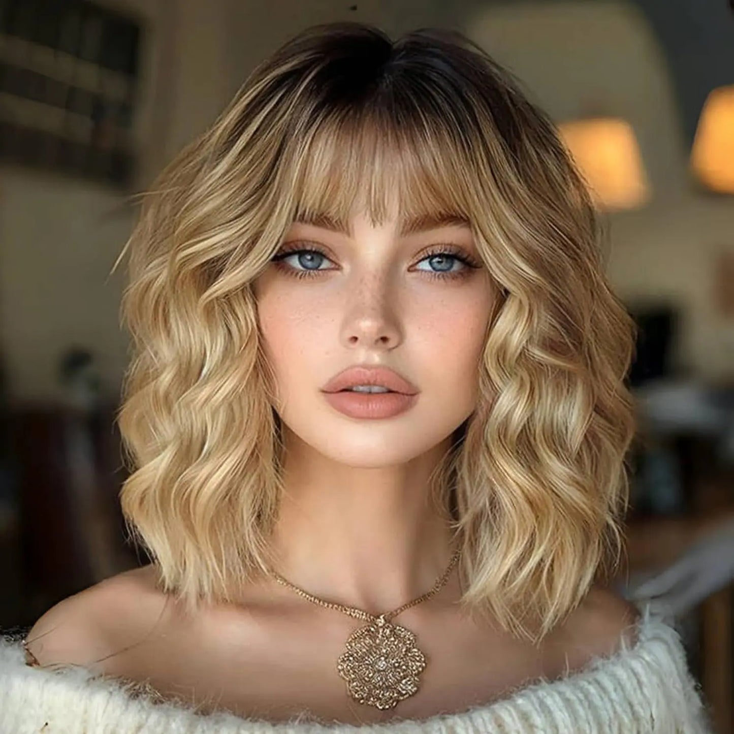 14Inch Synthetic Heat Resistant Short Wavy Blonde Ombre Wig with Bangs