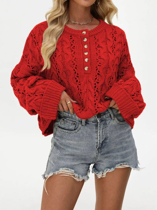 Cable Knit Half-Button Openwork Sweater